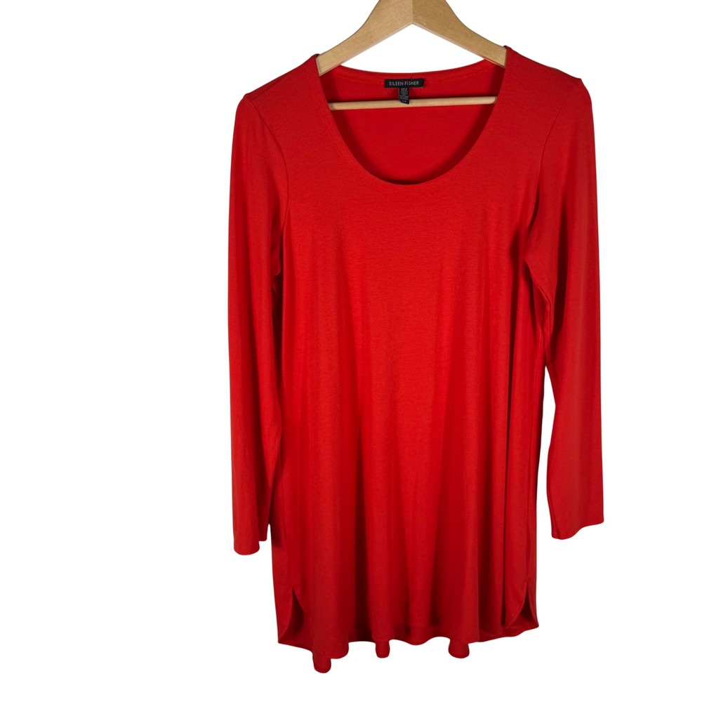 Eileen Fisher Jersey Long Sleeve Tunic Womens L Red Scoop Neck Lightweight Top